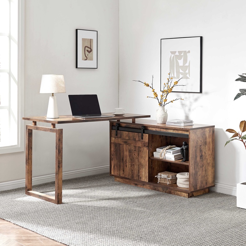 Credenza Office Storage - L字型デスク、クレデンザ収納付き、スライド式納屋戸、リバーシブル加工のアンティーク調木製仕上げ