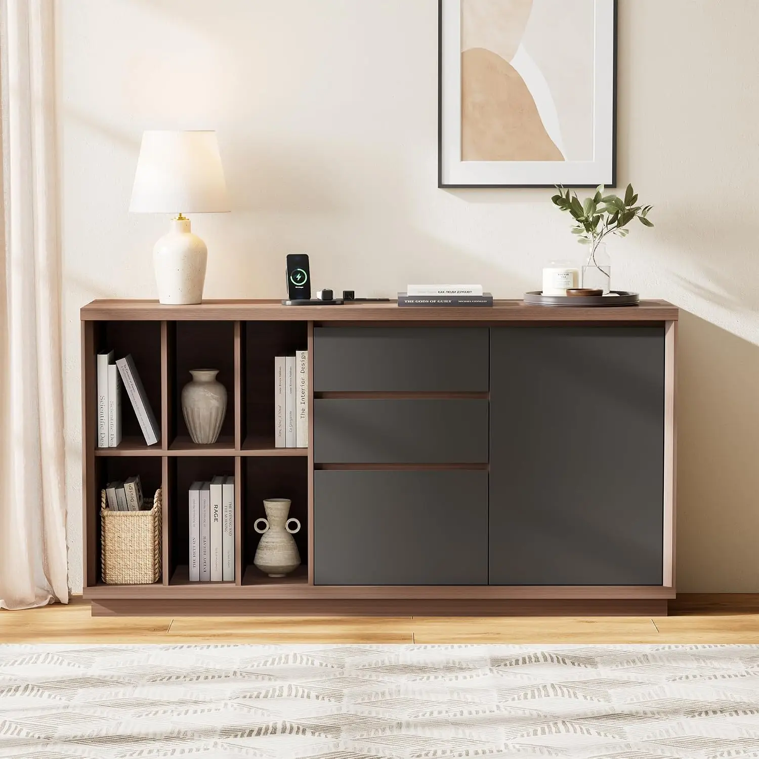 Credenza Office Storage - 60インチの引き出しと扉付きファイルキャビネット、内蔵充電ステーション付き | 6つのオープンキューブと調節可能な棚を備えたオフィス収納クレデンツァ、P