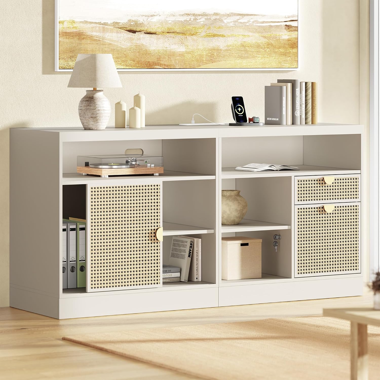 Credenza Office Storage - 63インチ クレデンツァ 2段引き出し ロック＆コンセント付き、木製収納 ホームオフィス、調整可能な棚 AC/USB