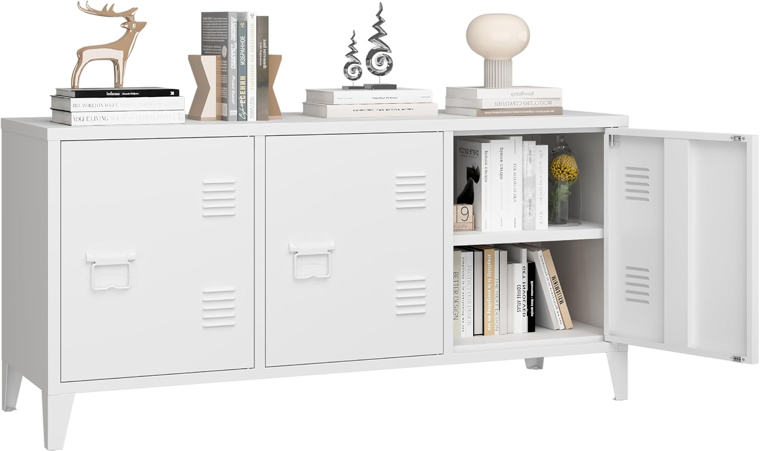 Credenza Office Storage - モダンなテレビスタンドエンターテイメントセンター、3つのドアと調節可能な棚付きの金属製収納ロッカーキャビネット、リビングルーム、寝室、オフィス家具用のクレデンツァメディアコンソールスタンド、ホワイト