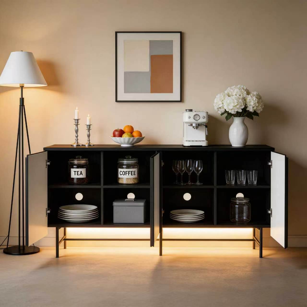 68インチ大型溝付きサイドボードキャビネット、木製ハンドルレ - Credenza Office Storage のレビューと価格