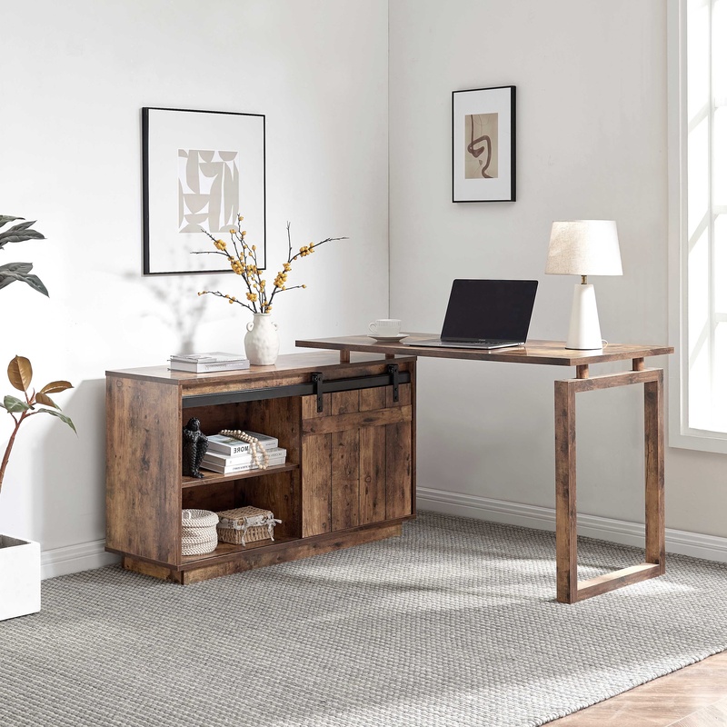 L字型デスク、クレデンザ収納付き、スライド式納屋戸、リバーシ - Credenza Office Storage のレビューと価格