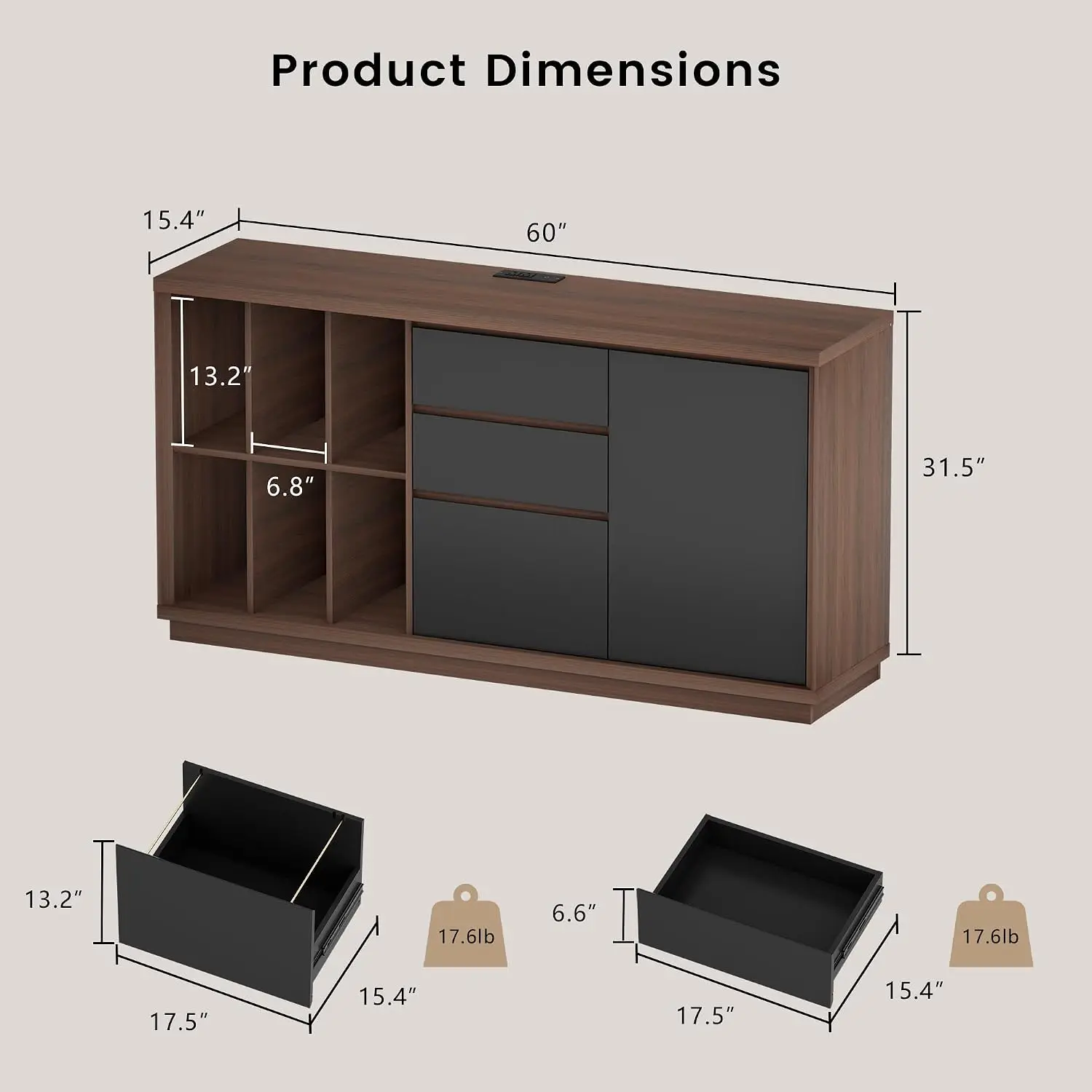 60インチの引き出しと扉付きファイルキャビネット、内蔵充電ス - Credenza Office Storage のレビューと価格