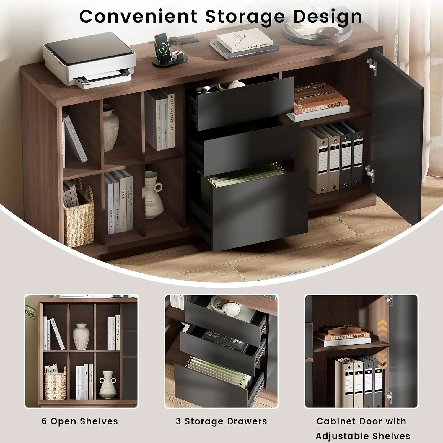 60インチの引き出しと扉付きファイルキャビネット、内蔵充電ス - Credenza Office Storage のレビューと価格