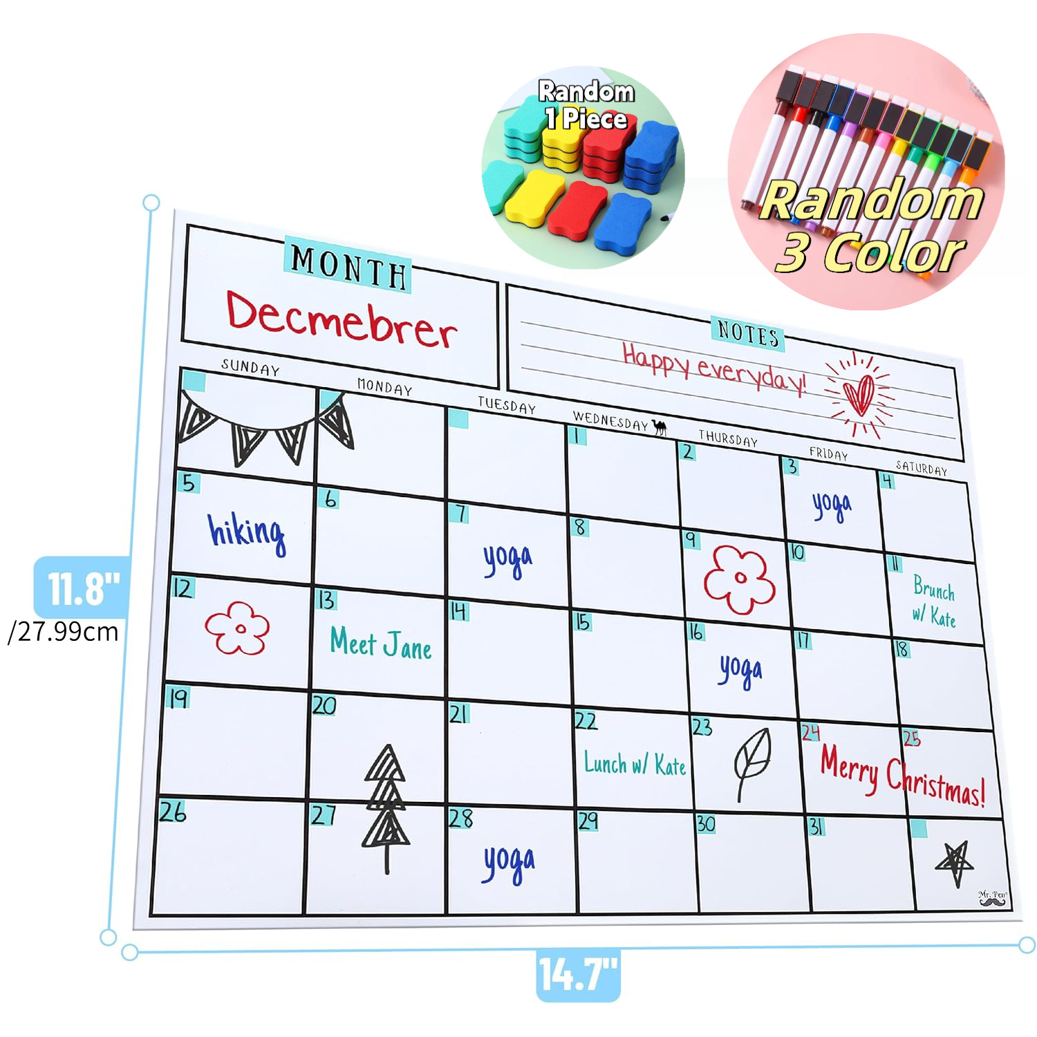 磁気式ドライイレースカレンダー、14.7 x 11.8インチ - Magnetic Whiteboard Calendar のレビューと価格