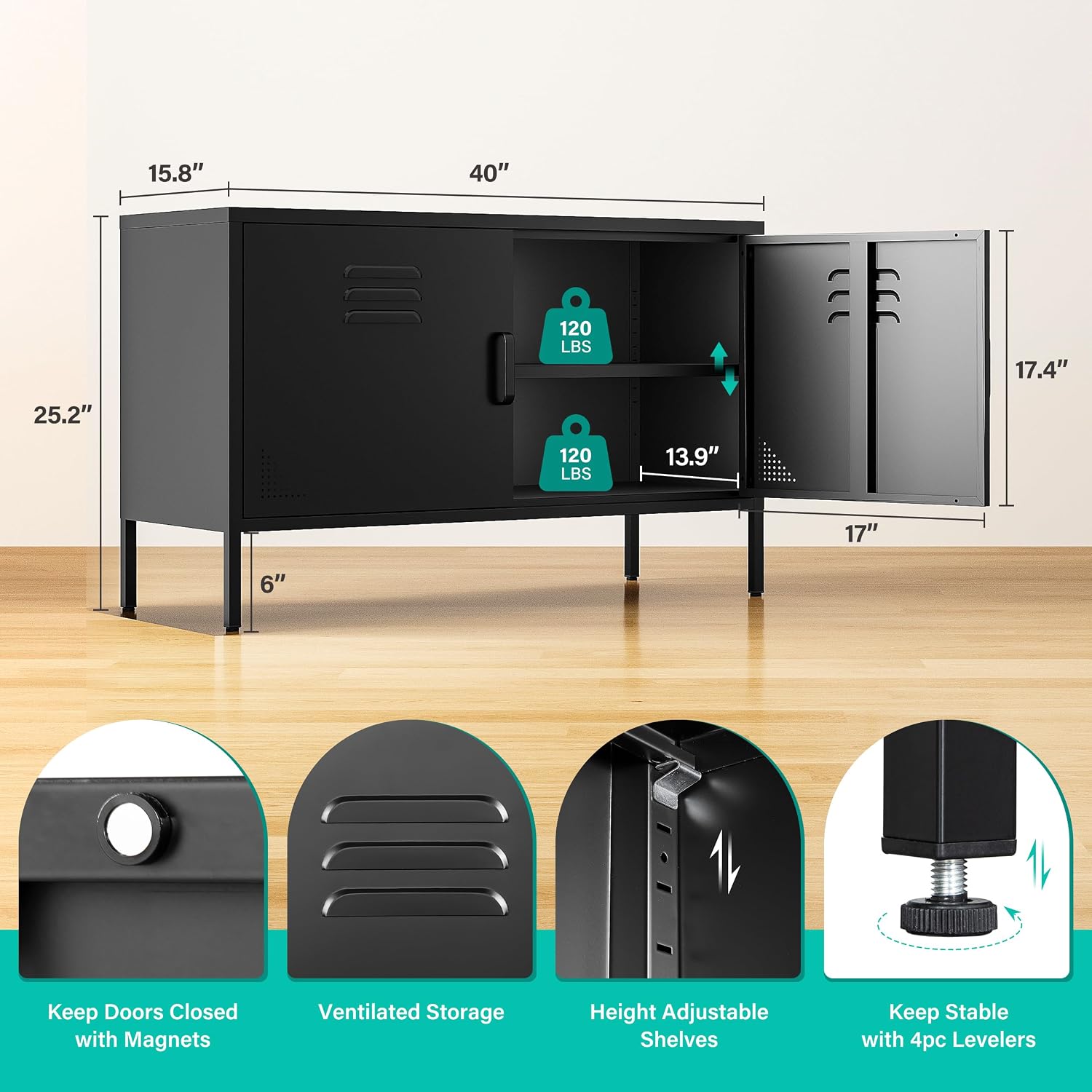 黒色の金属製収納キャビネット、扉と棚付き、2ドアワイドラック - Credenza Office Storage のレビューと価格