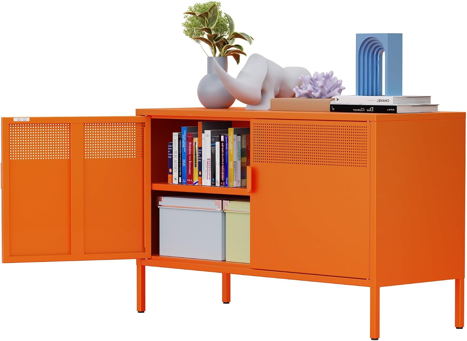 オレンジ色の幅広メタルロッカー収納キャビネット、ホームオフィ - Credenza Office Storage のレビューと価格